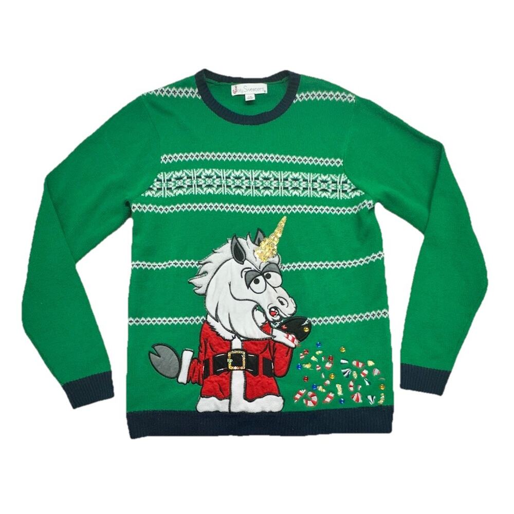 Joy Sweaters Ugly Christmas Sweater Adult L Green Knit Holiday Unicorn Candy
